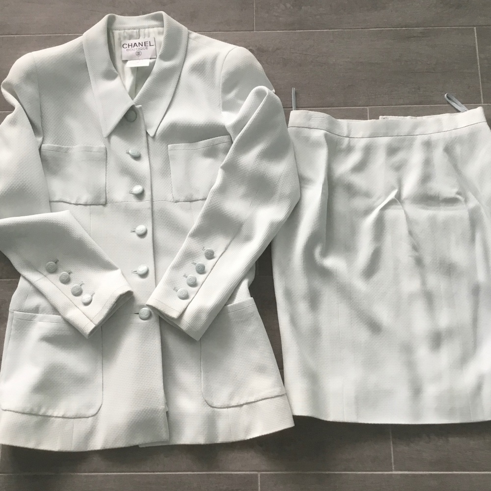 Authentic Chanel Baby Blue Logo Buttons Skirt Suit